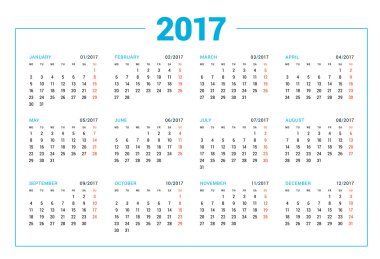Beyaz arka plan üzerinde 2017 yıl için takvim. Vektör tasarım yazdırma şablonu. Hafta Pazartesi başlıyor. İleti örneği tasarım