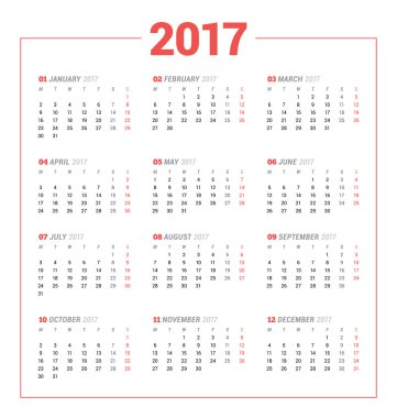 Beyaz arka plan üzerinde 2017 yıl için takvim. Vektör tasarım yazdırma şablonu. Hafta Pazartesi başlıyor. İleti örneği tasarım