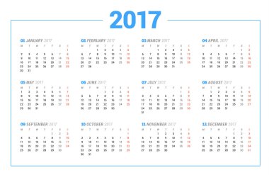 Beyaz arka plan üzerinde 2017 yıl için takvim. Vektör tasarım yazdırma şablonu. Hafta Pazartesi başlıyor. İleti örneği tasarım