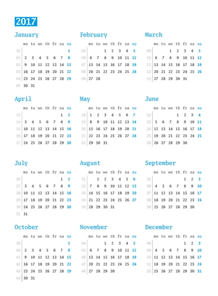 Kalendarz na rok 2017 na białym tle. Wektor szablon wydruku projektu. Tydzień rozpoczyna się w poniedziałek. Projektowanie papeterii — Wektor stockowy