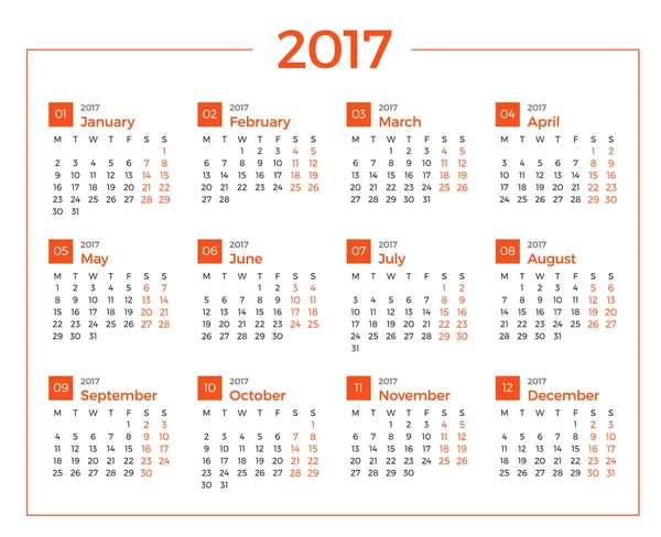 Kalender för 2017 år på vit bakgrund. Vektor design utskriftsmall. Veckan startar måndag. Pappersvaror design — Stock vektor