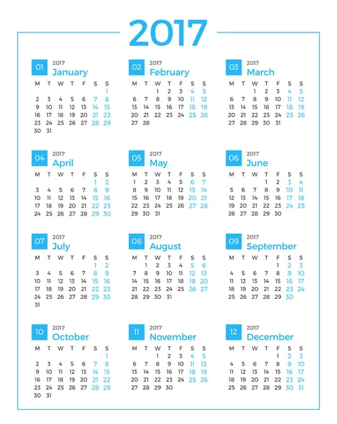Ημερολόγιο για το έτος 2017 σε άσπρο φόντο. Διανυσματική σχεδίαση πρότυπο εκτύπωσης. Εβδομάδα αρχίζει Δευτέρα. Σχέδιο επιστολόχαρτου — Διανυσματικό Αρχείο