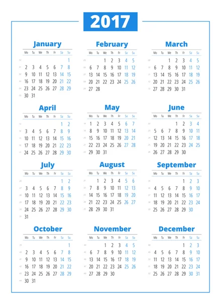 Kalendář na rok 2017 na bílém pozadí. Vektorový tisk šablona návrhu. Týden začíná v pondělí. Šablonu návrhu — Stockový vektor