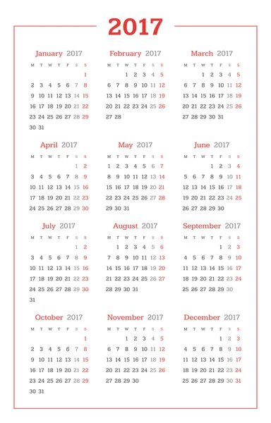 Ημερολόγιο για το έτος 2017 σε άσπρο φόντο. Διανυσματική σχεδίαση πρότυπο εκτύπωσης. Εβδομάδα αρχίζει Δευτέρα. Σχέδιο επιστολόχαρτου — Διανυσματικό Αρχείο