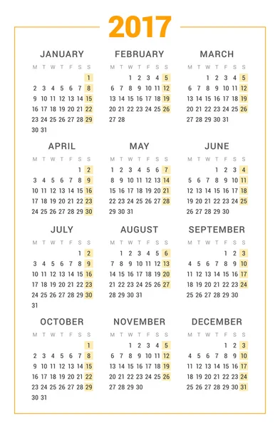 Calendario para 2017 año sobre fondo blanco. Plantilla de impresión de diseño vectorial. La semana comienza el lunes. Diseño de papelería — Vector de stock