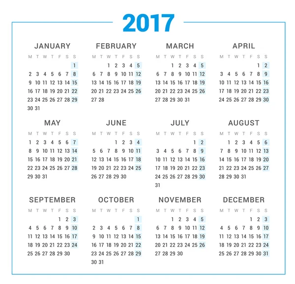 Kalendarz na rok 2017 na białym tle. Wektor szablon wydruku projektu. Tydzień rozpoczyna się w poniedziałek. Projektowanie papeterii — Wektor stockowy
