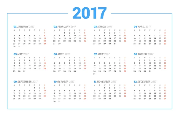 Kalender voor 2017 jaar op witte achtergrond. Print ontwerpsjabloon vector. Week begint op maandag. Briefpapierontwerp — Stockvector