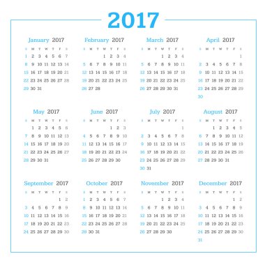 Beyaz arka plan üzerinde 2017 yıl için takvim. Vektör tasarım yazdırma şablonu. Haftası Pazar günü başlar. İleti örneği tasarım