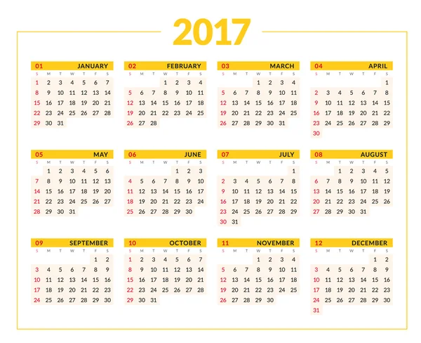 Kalender voor 2017 jaar op witte achtergrond. Print ontwerpsjabloon vector. Week begint zondag. Briefpapierontwerp — Stockvector