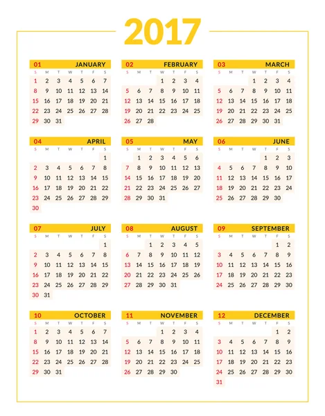 Календарь на 2017 год на белом фоне. Шаблон векторной печати. Неделя начинается в воскресенье. Канцелярский дизайн — стоковый вектор