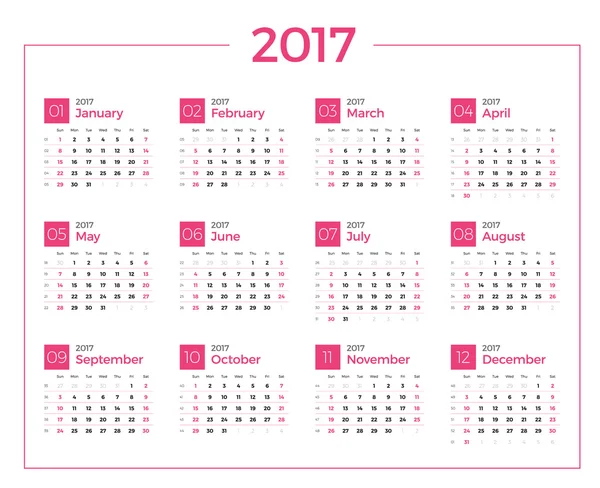 Kalender voor 2017 jaar op witte achtergrond. Print ontwerpsjabloon vector. Week begint zondag. Briefpapierontwerp — Stockvector