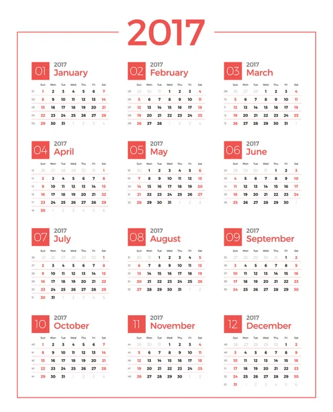 Kalender voor 2017 jaar op witte achtergrond. Print ontwerpsjabloon vector. Week begint zondag. Briefpapierontwerp — Stockvector