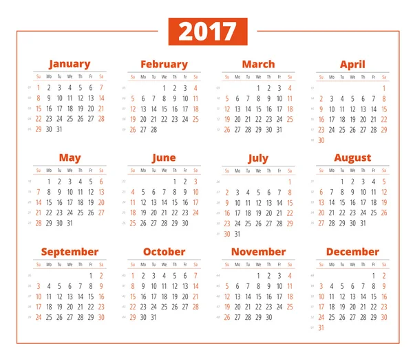 Ημερολόγιο για το έτος 2017 σε άσπρο φόντο. Διανυσματική σχεδίαση πρότυπο εκτύπωσης. Εβδομάδα ξεκινά την Κυριακή. Σχέδιο επιστολόχαρτου — Διανυσματικό Αρχείο