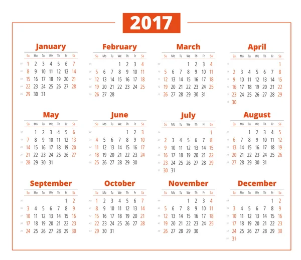 Calendario para 2017 año sobre fondo blanco. Plantilla de impresión de diseño vectorial. La semana comienza el domingo. Diseño de papelería — Vector de stock