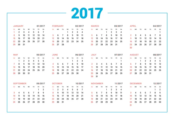 Calendrier 2017 année sur fond blanc. Modèle d'impression vectoriel. La semaine commence dimanche. Conception de papeterie — Image vectorielle