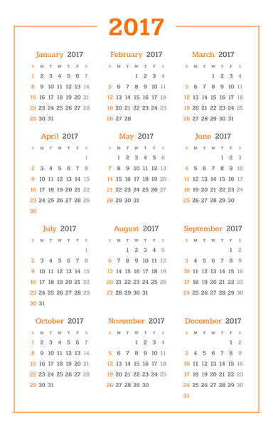Calendar for 2017 year on white background. Vector design print template. Week starts Sunday. Stationery design