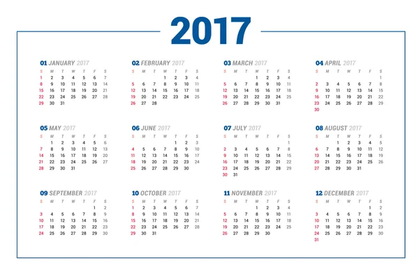 Calendrier 2017 année sur fond blanc. Modèle d'impression vectoriel. La semaine commence dimanche. Conception de papeterie — Image vectorielle