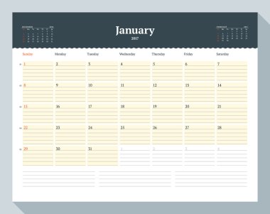 2017 Yılı Takvim Şablonu. Ocak. İş Planlayıcısı Şablonu. Kırtasiye Tasarımı. Hafta pazar günü başlıyor. Sayfada 3 Ay. Vektör İllüstrasyonu