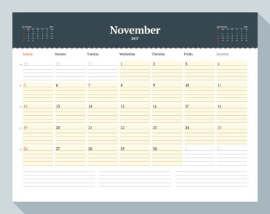 2017 Yılı Takvim Şablonu. Kasım. İş Planlayıcısı Şablonu. Kırtasiye Tasarımı. Hafta pazar günü başlıyor. Sayfada 3 Ay. Vektör İllüstrasyonu