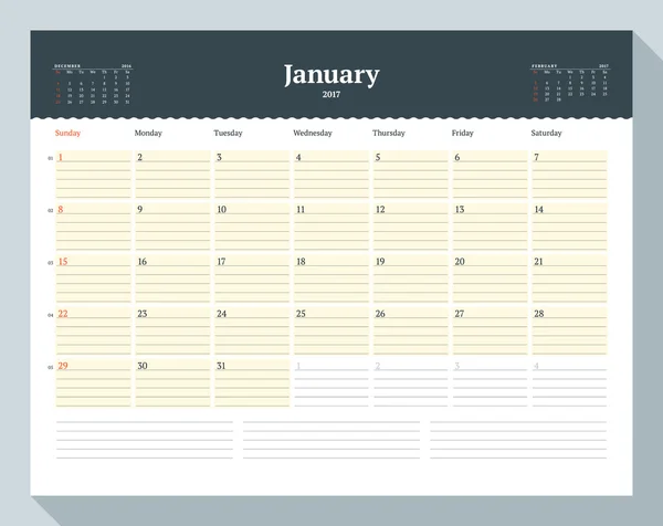 Modelo de calendário para 2017 Ano. Janeiro. Modelo de Business Planner. Desenho de papelaria. A semana começa domingo. 3 Meses na página. Ilustração vetorial —  Vetores de Stock