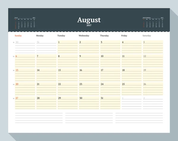 2017 Yılı Takvim Şablonu. Ağustos. İş Planlayıcısı Şablonu. Kırtasiye Tasarımı. Hafta pazar günü başlıyor. Sayfada 3 Ay. Vektör İllüstrasyonu — Stok Vektör