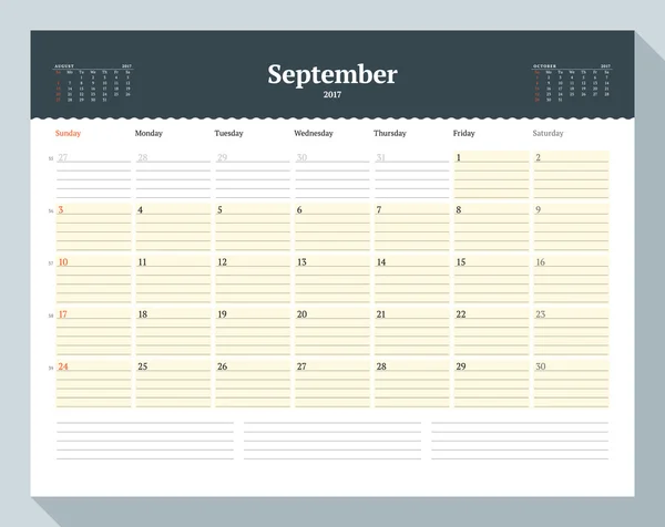 Modello di calendario per l'anno 2017. Settembre. Modello di Business Planner. Progettazione cancelleria. La settimana inizia domenica. 3 mesi sulla pagina. Illustrazione vettoriale — Vettoriale Stock