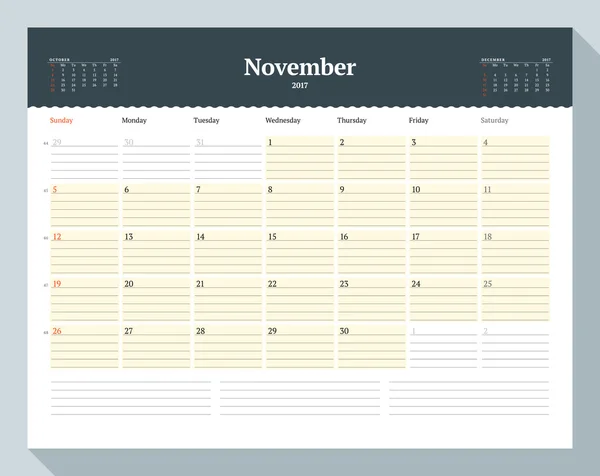 Modello di calendario per l'anno 2017. Novembre. Modello di Business Planner. Progettazione cancelleria. La settimana inizia domenica. 3 mesi sulla pagina. Illustrazione vettoriale — Vettoriale Stock