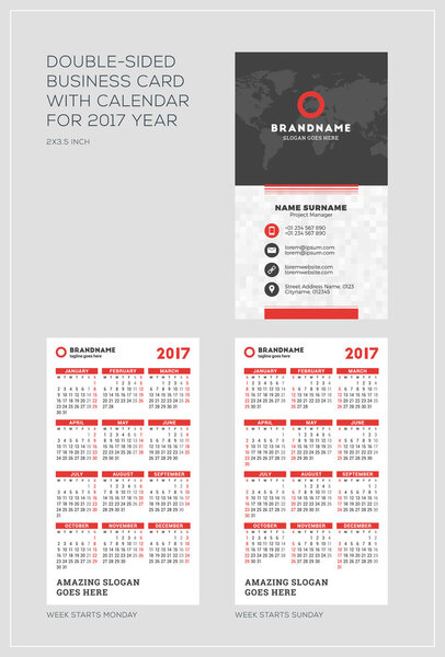 Double-sided vertical business card template with calendar for 2017 year. Week starts Monday. Week starts Sunday. Portrait orientation. Vector Illustration
