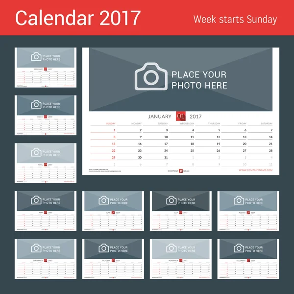 Calendário mensal de parede para 2017 Ano. Modelo de impressão de design vetorial. A semana começa no domingo. Orientação Paisagista. Conjunto de 12 Meses —  Vetores de Stock