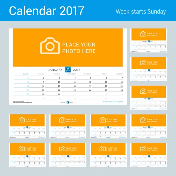 Calendário mensal de parede para 2017 Ano. Modelo de impressão de design vetorial. A semana começa no domingo. Orientação Paisagista. Conjunto de 12 Meses —  Vetores de Stock