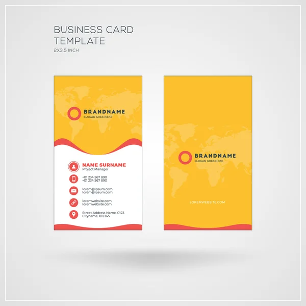 수직 비즈니스 카드 인쇄 템플릿입니다. 회사 로고와 개인 방문 카드입니다. 노란색, 빨간색 색상입니다. 깨끗 한 평면 디자인입니다. 벡터 일러스트 레이 션 — 스톡 벡터