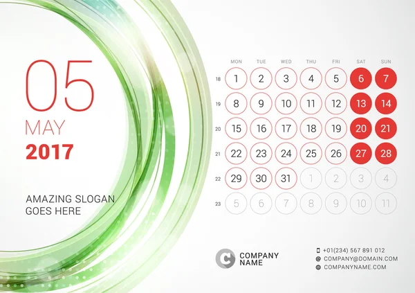 Schreibtischkalender für 2017 Jahr. Mai. Die Woche beginnt am Montag. Vektor Design Druckvorlage mit abstraktem Kreis Hintergrund — Stockvektor