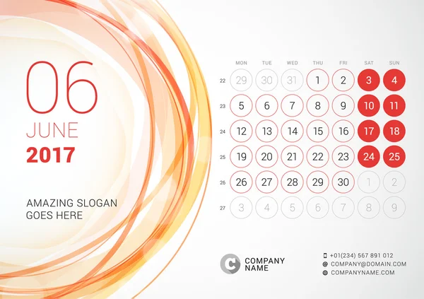 Schreibtischkalender für 2017 Jahr. Juni. Die Woche beginnt am Montag. Vektor Design Druckvorlage mit abstraktem Kreis Hintergrund — Stockvektor