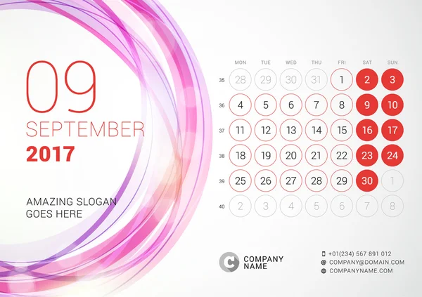 Schreibtischkalender für 2017 Jahr. September. Die Woche beginnt am Montag. Vektor Design Druckvorlage mit abstraktem Kreis Hintergrund — Stockvektor