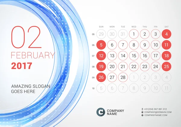 Calendário de Mesa para 2017 Ano. Fevereiro. A semana começa no domingo. Modelo de impressão de design vetorial com fundo de círculo abstrato —  Vetores de Stock