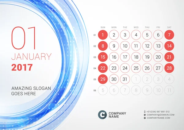 Настольный календарь на 2017 год. Январь. Неделя начинается в воскресенье. Шаблон для печати векторного дизайна на фоне абстрактного круга — стоковый вектор