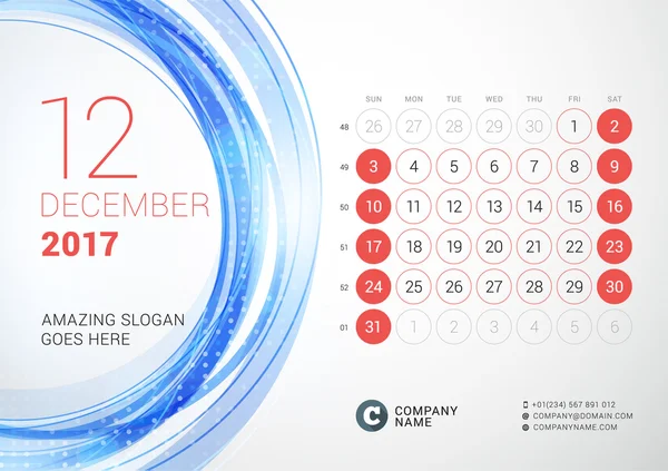 Calendário de Mesa para 2017 Ano. Dezembro. A semana começa no domingo. Modelo de impressão de design vetorial com fundo de círculo abstrato —  Vetores de Stock