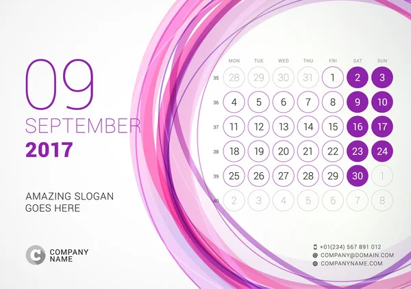 Schreibtischkalender für 2017 Jahr. September. Die Woche beginnt am Montag. Vektor Design Druckvorlage mit abstraktem Kreis Hintergrund — Stockvektor