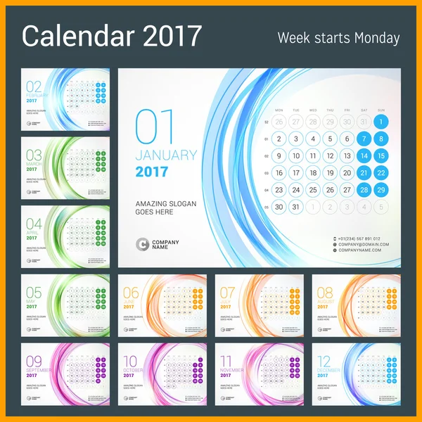 Masa takvimi 2017 yıl için. 12 ay kümesi. Hafta başlıyor Pazartesi. Vektör tasarım yazdırma şablonu soyut daire arka plan ile