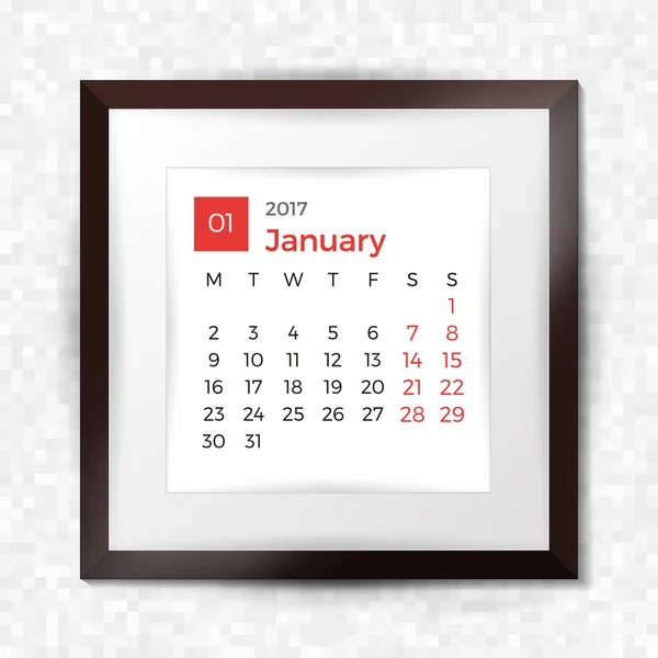 Ρεαλιστικό τετράγωνο πλαίσιο εικόνας με το ημερολόγιο για τον Ιανουάριο 2017. Απομονώνεται σε φόντο pixel. Απεικόνιση διανυσματικών φορέων. — Διανυσματικό Αρχείο