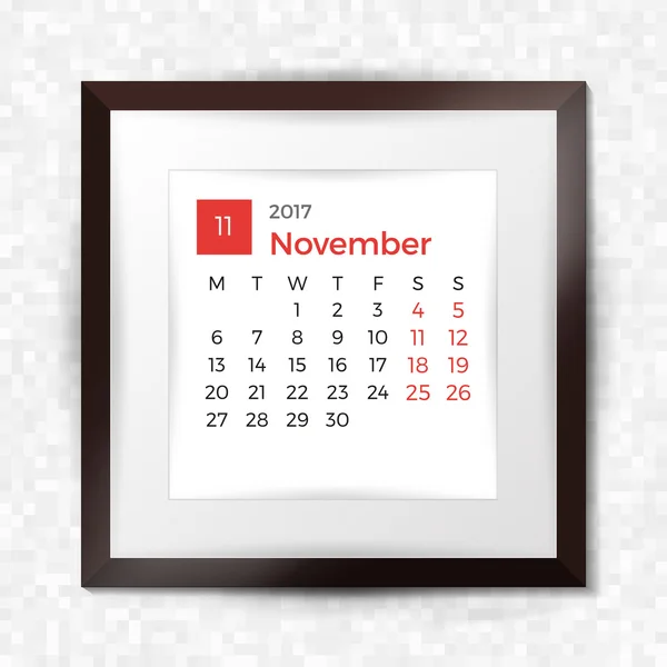 Realistic square picture frame with calendar for November 2017. Isolated on pixel background. Vector illustration. — Stock Vector