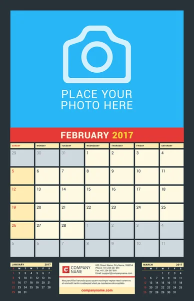 Wall Calendar for 2017 év. Február. Vector tervez nyomtatvány mintadeszka-val hely részére fénykép. Sötét háttér. A hét vasárnappal kezdődik. 3 hónapok-ra oldal. Tervező sablon. Levélpapír tervezése — Stock Vector