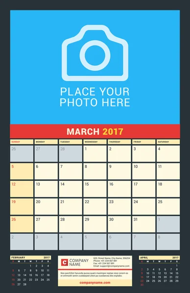 Wall Calendar for 2017 év. Március. Vector tervez nyomtatvány mintadeszka-val hely részére fénykép. Sötét háttér. A hét vasárnappal kezdődik. 3 hónapok-ra oldal. Tervező sablon. Levélpapír tervezése — Stock Vector
