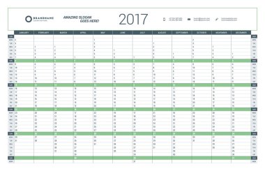 2017 Yıllık Takvim Planlayıcı Şablonu. Vektör Tasarım Şablonu. Hafta Pazar başlıyor. Kırtasiye Tasarımı