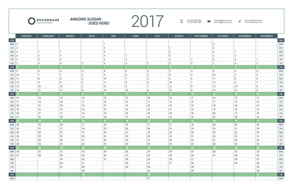 Šablona ročního kalendáře pro rok2017. Šablona pro tisk návrhu vektoru. Týden začíná v neděli. Návrh šablony zpráv — Stockový vektor