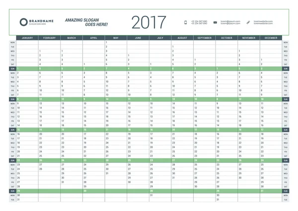 Calendario annuale Planner Template per 2017 Anno. Modello di stampa vettoriale. La settimana inizia lunedì. Progettazione articoli di cancelleria — Vettoriale Stock