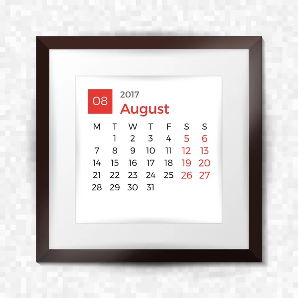 Realistic square picture frame with calendar for August 2017. Isolated on pixel background. Vector illustration. — Stock Vector