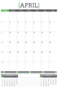 2017 yıl için takvim planlayıcısı. İleti örneği tasarım şablonu. Nisan. Hafta başlar Pazar. Vektör çizim