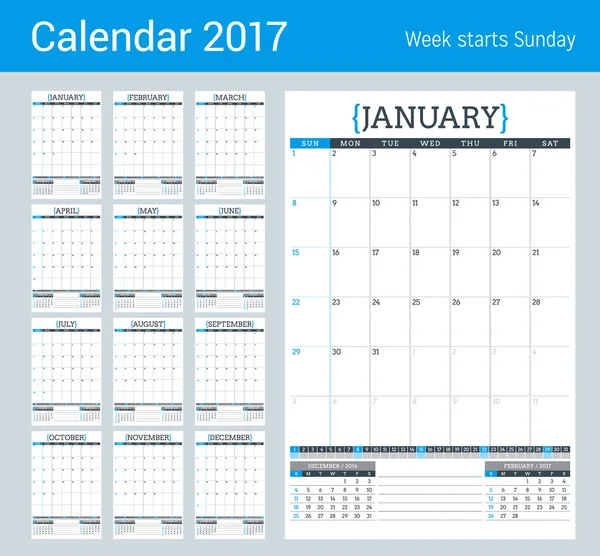 Agenda Planificateur 2017 Année. Modèle de conception de papeterie. Ensemble de 12 mois. La semaine commence dimanche. Illustration vectorielle — Image vectorielle