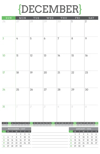 Pianificatore calendario per l'anno 2017. Modello di design della cancelleria. Dicembre. La settimana inizia domenica. Illustrazione vettoriale — Vettoriale Stock